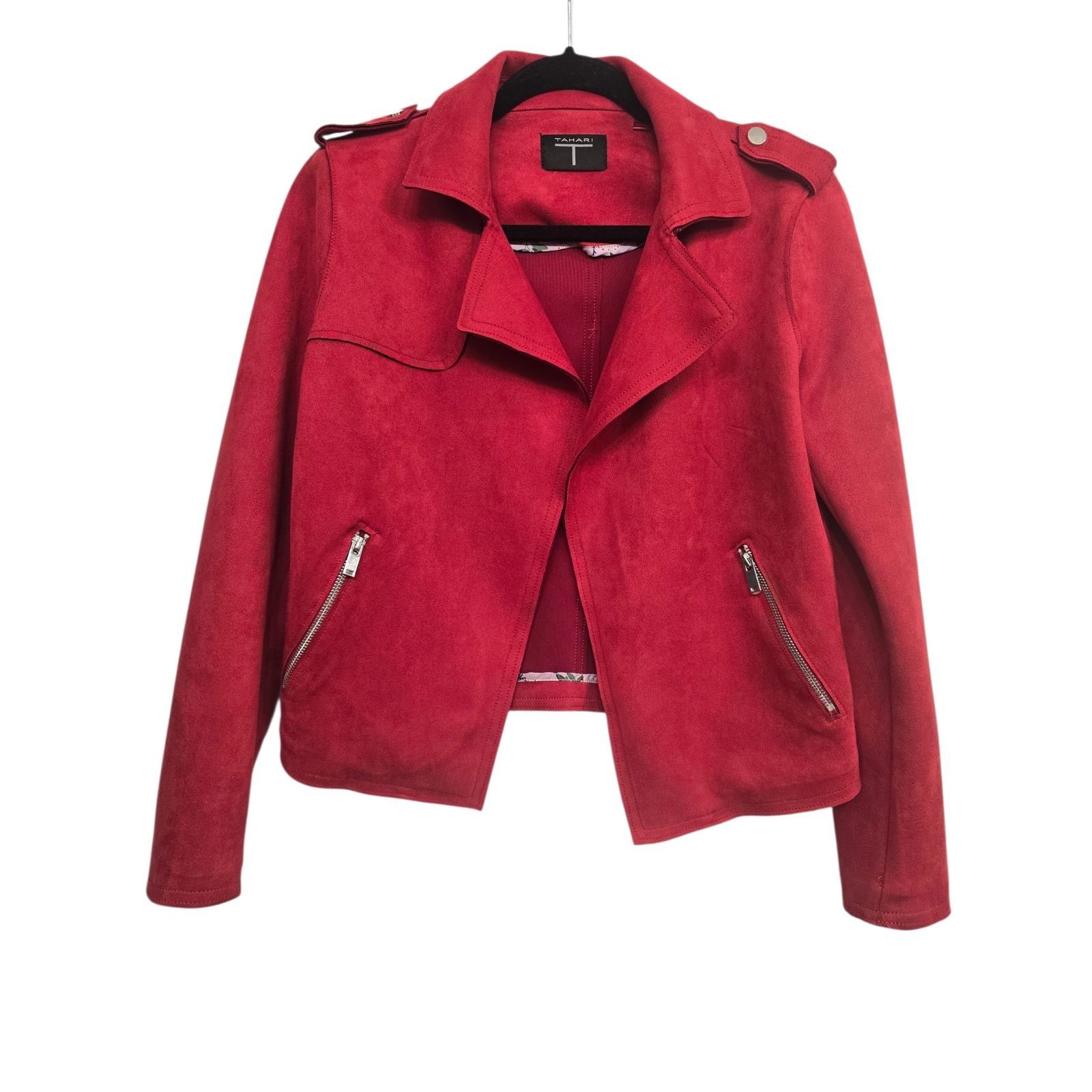 Tahari Red Faux Suede Moto Cropped Open Jacket
